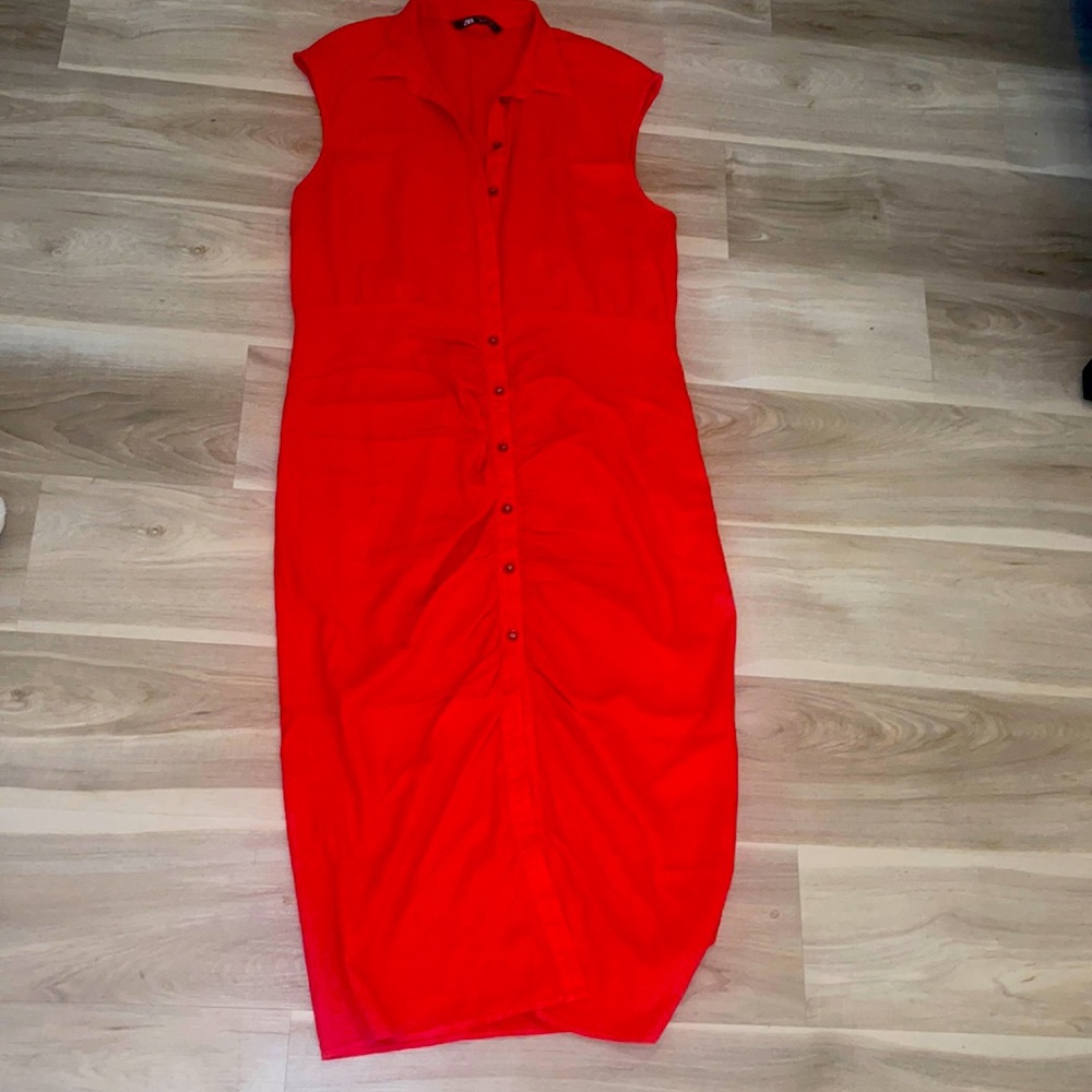 Never worn too big Zara Linen Blend Ruched Button Collard Dress size XL